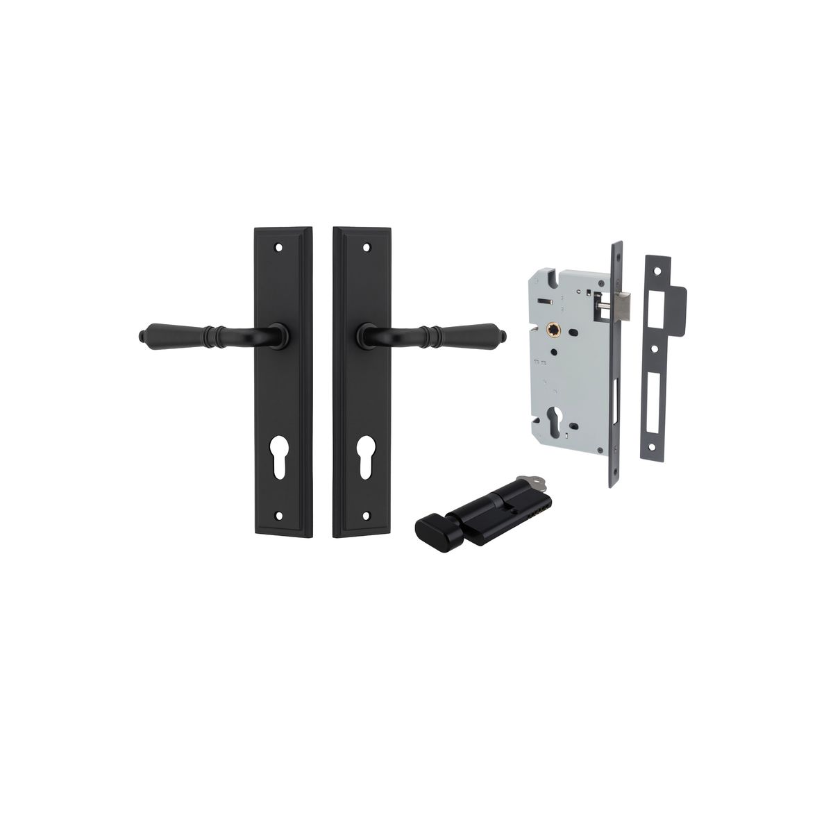 Pair of Iver Sarlat lever door handles with stepped backplate, featuring a sleek, modern design and polished finish.