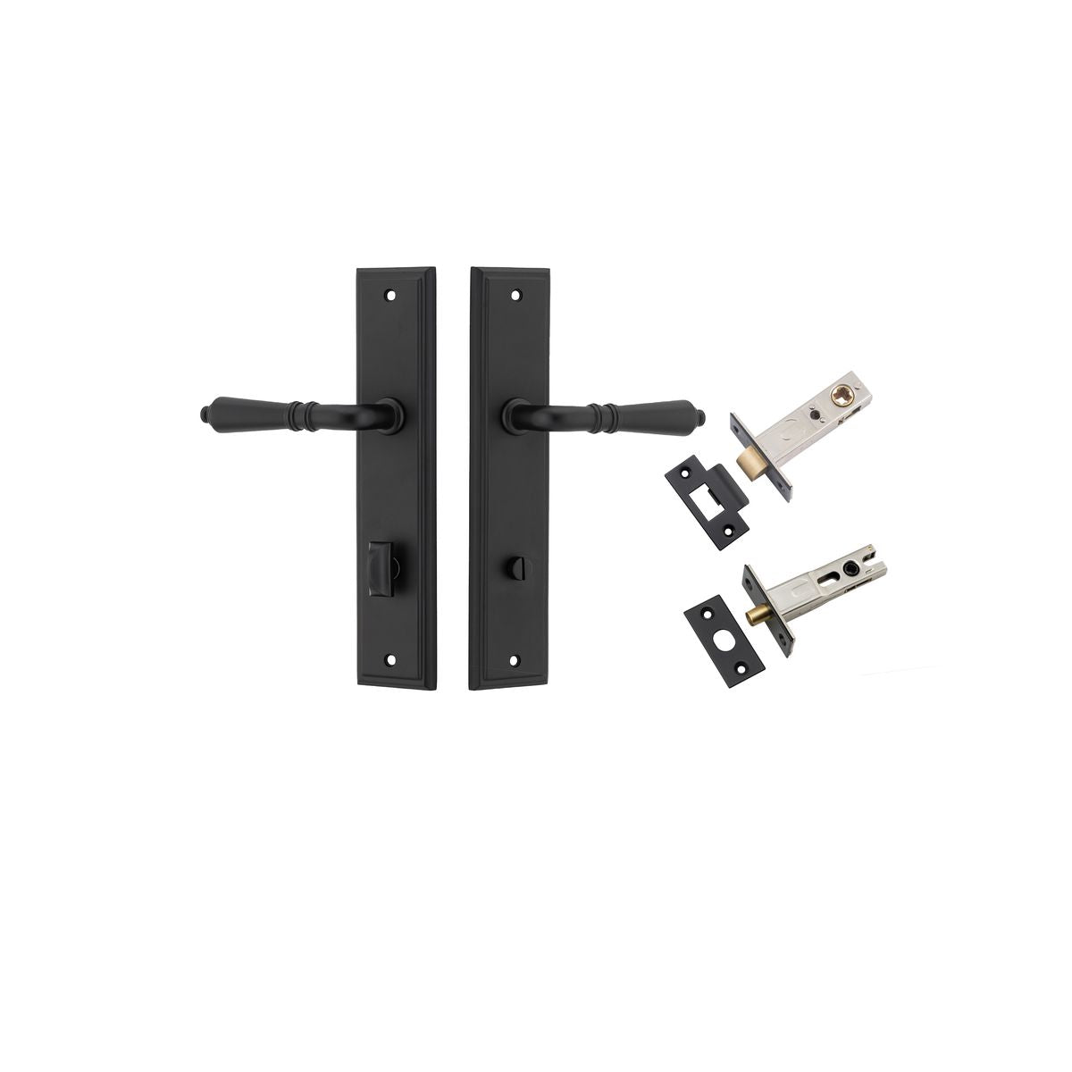 Pair of Iver Sarlat lever handles with stepped backplates, showcasing their elegant design and polished finish.