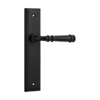 Pair of Iver Verona lever handles on stepped backplates, architectural hardware with modern, sleek design for doors.