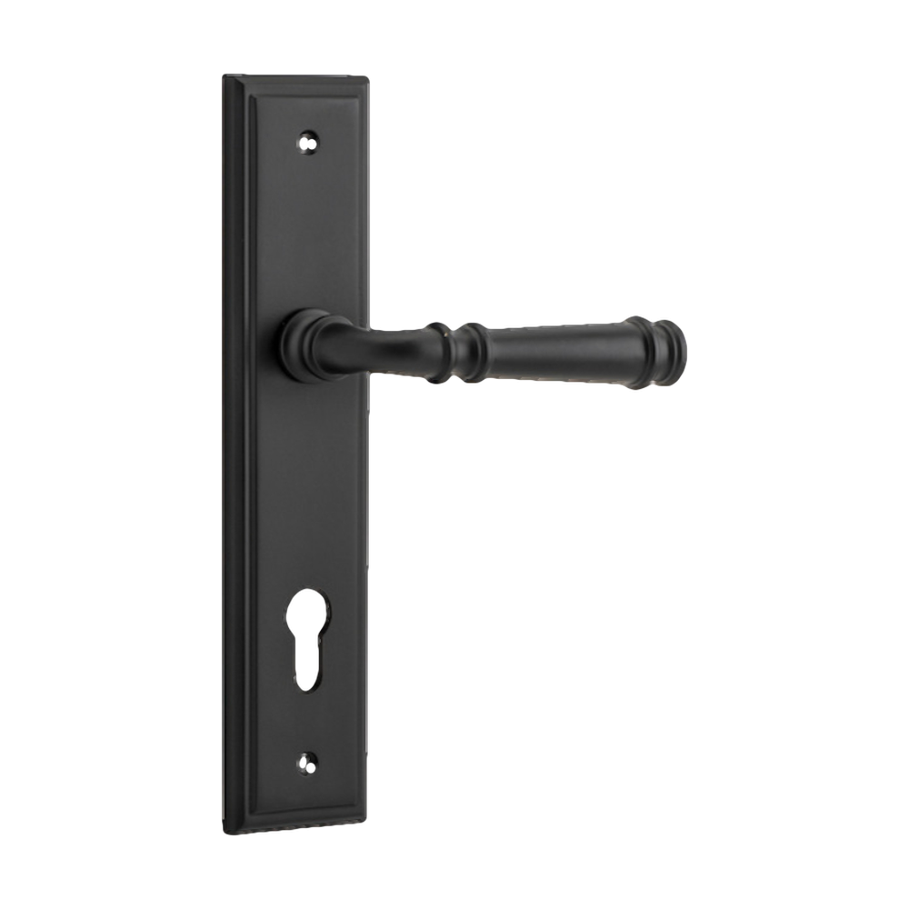 Door Lever Verona Stepped Euro Matt Black CTC85mm H237xW50xP59mm in Matt Black