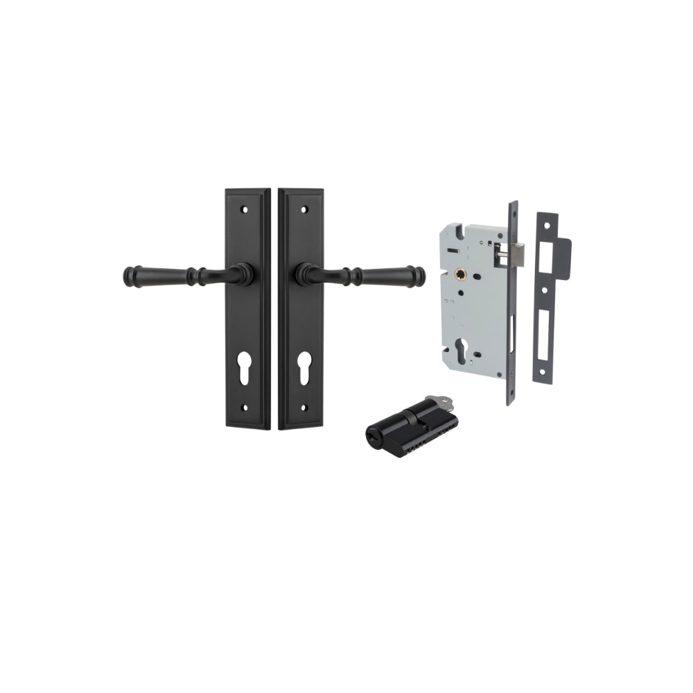 Door Lever Verona Stepped Euro Matt Black CTC85mm H240xW50xP59mm Entrance Kit Mortice Lock Euro Matt Black CTC85mm Backset 60mm, Euro Cylinder Dual Function 5 Pin Matt Black L65mm KA1 in Matt Black