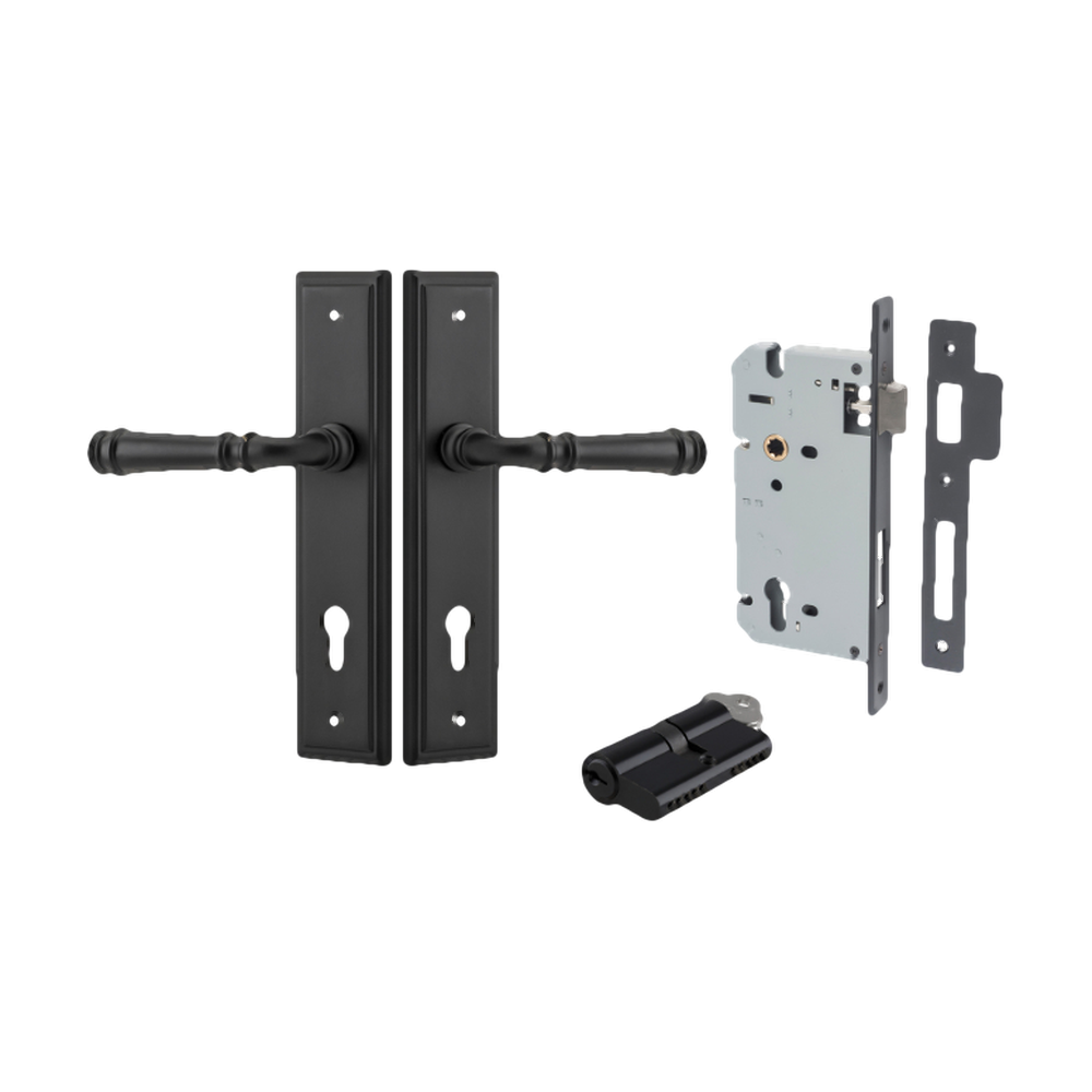 Door Lever Verona Stepped Euro Matt Black CTC85mm H240xW50xP59mm Entrance Kit Mortice Lock Euro Matt Black CTC85mm Backset 60mm, Euro Cylinder Dual Function 5 Pin Matt Black L65mm KA1 in Matt Black