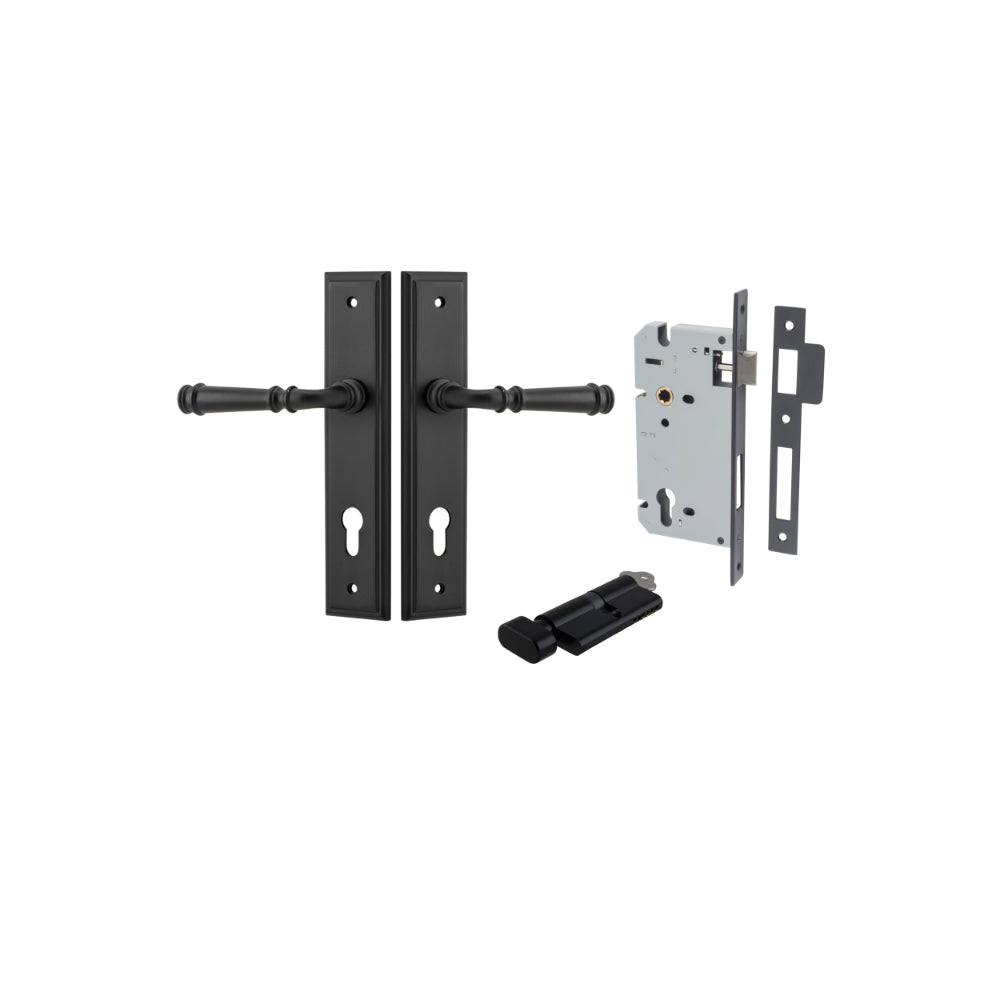Door Lever Verona Stepped Euro Matt Black CTC85mm H240xW50xP59mm Entrance Kit Mortice Lock Euro Matt Black CTC85mm Backset 60mm, Euro Cylinder Key Thumb 6 Pin Matt Black L70mm KA1 in Matt Black
