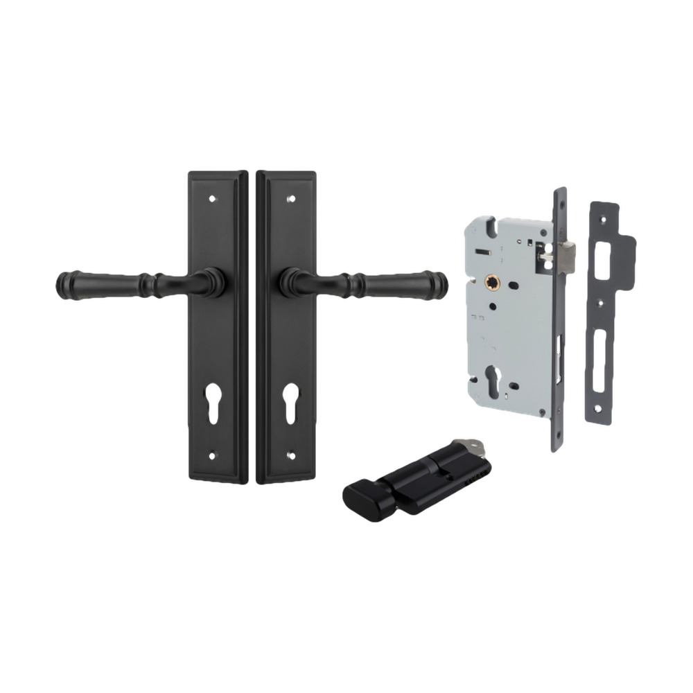 Door Lever Verona Stepped Euro Matt Black CTC85mm H240xW50xP59mm Entrance Kit Mortice Lock Euro Matt Black CTC85mm Backset 60mm, Euro Cylinder Key Thumb 6 Pin Matt Black L70mm KA1 in Matt Black