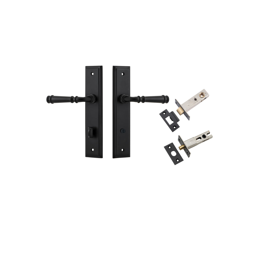 Door Lever Verona Stepped Privacy Matt Black CTC85mm H240xW50xP59mm Inbuilt Privacy Kit Tube Latch Split Cam 'T' Striker Matt Black Backset 60mm, Privacy Bolt Round Bolt Matt Black Backset 60mm in Matt Black