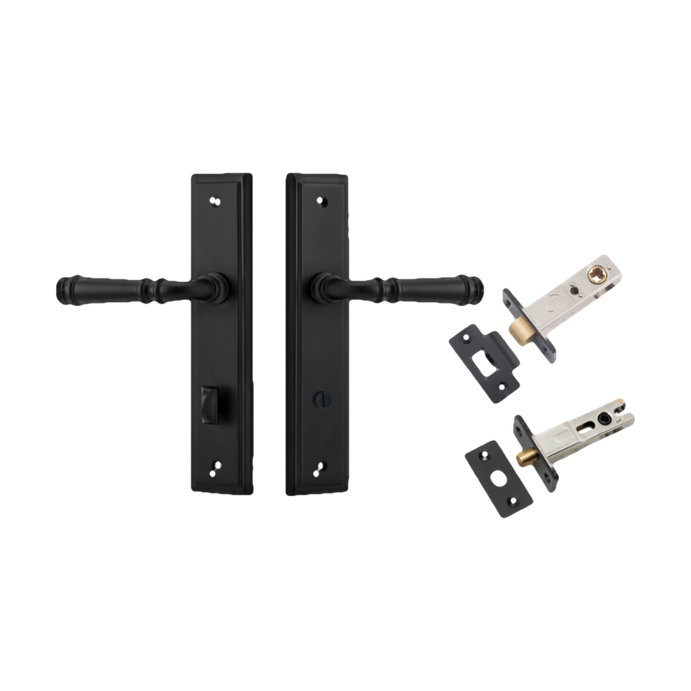 Door Lever Verona Stepped Privacy Matt Black CTC85mm H240xW50xP59mm Inbuilt Privacy Kit Tube Latch Split Cam 'T' Striker Matt Black Backset 60mm, Privacy Bolt Round Bolt Matt Black Backset 60mm in Matt Black
