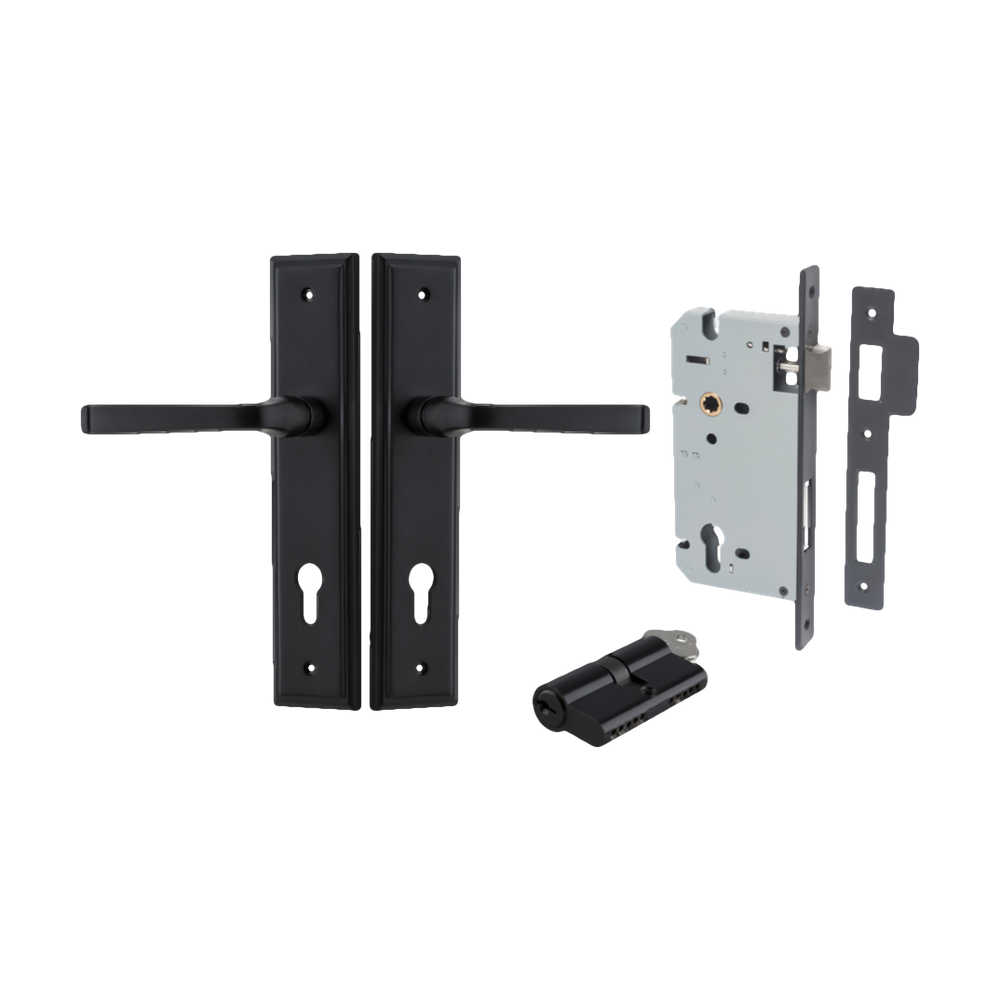 Door Lever Annecy Stepped Euro Matt Black CTC85mm H240xW50xP65mm Entrance Kit Mortice Lock Euro Matt Black CTC85mm Backset 60mm, Euro Cylinder Dual Function 5 Pin Matt Black L65mm KA1 in Matt Black