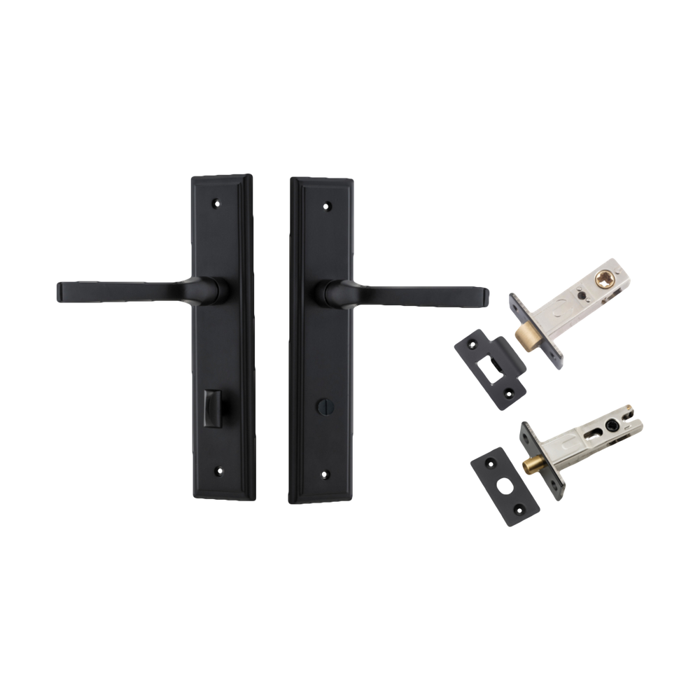 Door Lever Annecy Stepped Privacy Matt Black CTC85mm H240xW50xP65mm Inbuilt Privacy Kit Tube Latch Split Cam 'T' Striker Matt Black Backset 60mm, Privacy Bolt Round Bolt Matt Black Backset 60mm in Matt Black