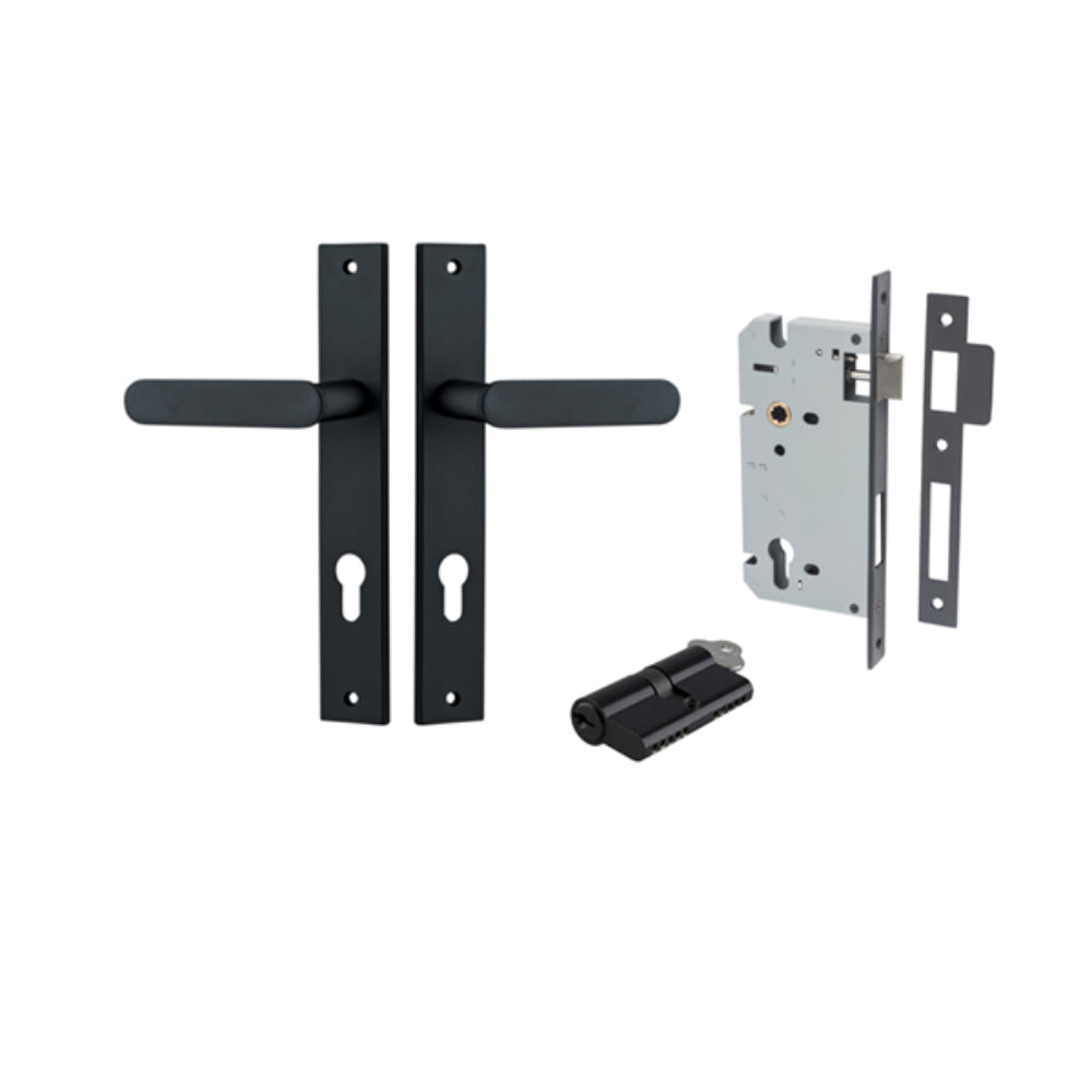 Door Lever Bronte Rectangular Euro Pair Matt Black CTC85mm L117xP53mm BPH240xW38mm, Mortice Lock Euro Matt Black CTC85mm Backset 60mm, Euro Cylinder Key Thumb 5 Pin Matt Black 65mm KA4 in Matt Black