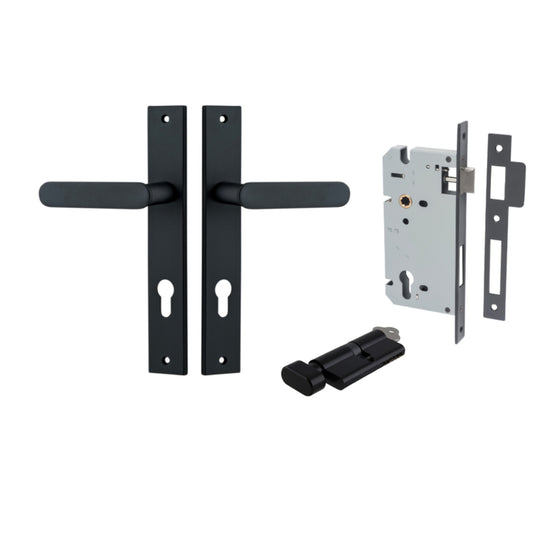 Door Lever Bronte Rectangular Euro Pair Matt Black CTC85mm L117xP53mm BPH240xW38mm, Mortice Lock Euro Matt Black CTC85mm Backset 60mm, Euro Cylinder Dual Function 5 Pin Matt Black 65mm KA4 in Matt Black