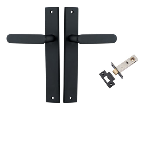 Door Lever Bronte on Long Backplate Matt Black L117xP53mm BPH240xW38mm Passage Kit, Tube Latch Split Cam 'T' Striker Matt Black Backset 60mm in Matt Black