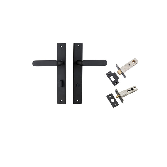 Door Lever Bronte  on Long Backplate Privacy Matt Black CTC85mm L117xP53mm BPH240xW38mm Privacy Kit Tube Latch Split Cam 'T' Striker Matt Black Backset 60mm, Privacy Bolt Round Bolt Matt Black Backset 60mm in Matt Black