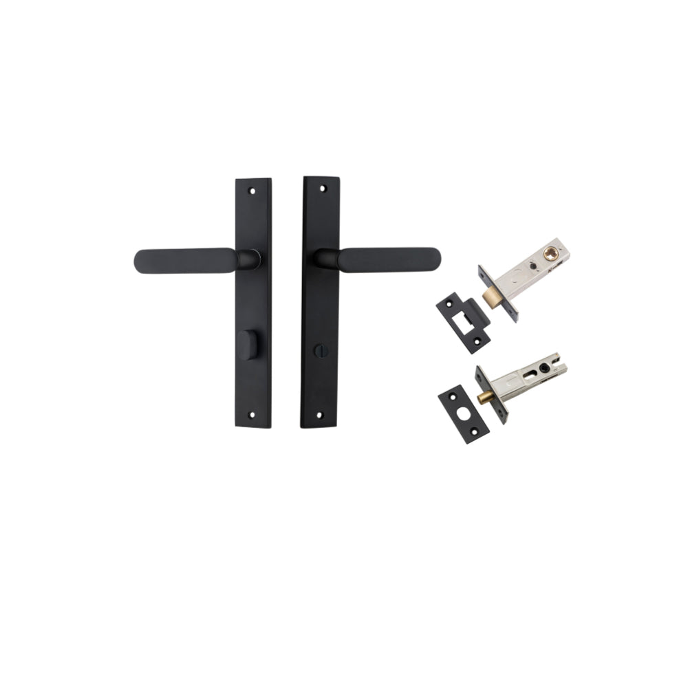 Door Lever Bronte  on Long Backplate Privacy Matt Black CTC85mm L117xP53mm BPH240xW38mm Privacy Kit Tube Latch Split Cam 'T' Striker Matt Black Backset 60mm, Privacy Bolt Round Bolt Matt Black Backset 60mm in Matt Black