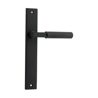 Pair of Iver Brunswick lever door handles on rectangular backplates, featuring a sleek, modern design for interior doors.