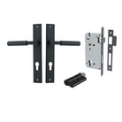 Pair of Iver Brunswick lever door handles on rectangular backplates, featuring a sleek, modern design in a brushed finish.