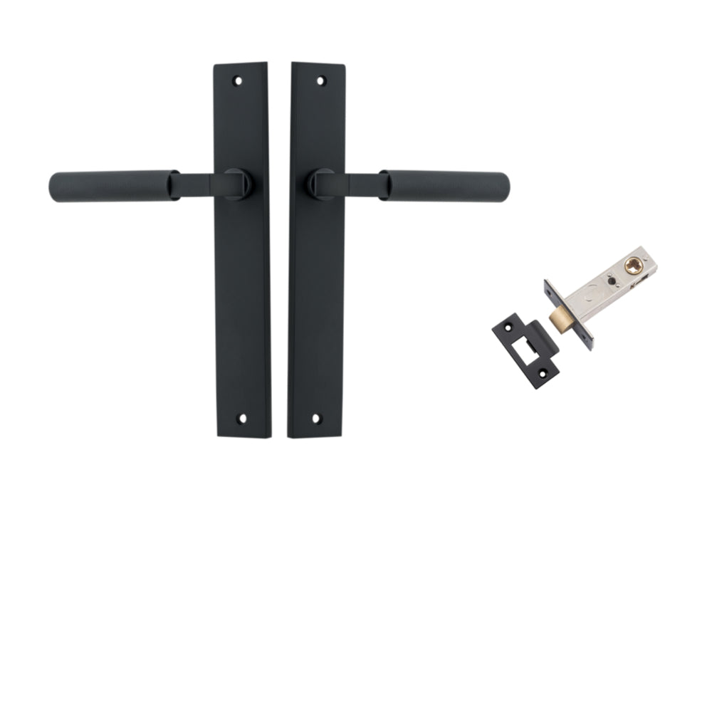 Door Lever Brunswick Knurled Rectangular Matt Black L120xP57mm BPH240xW38mm Passage Kit, Tube Latch Split Cam 'T' Striker Matt Black Backset 60mm in Matt Black