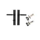 Pair of Iver Brunswick lever door handles on rectangular backplates, featuring sleek black finish and modern design.