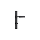 Pair of Iver Brunswick lever door handles on rectangular backplates, showcasing elegant black finish and classic design.
