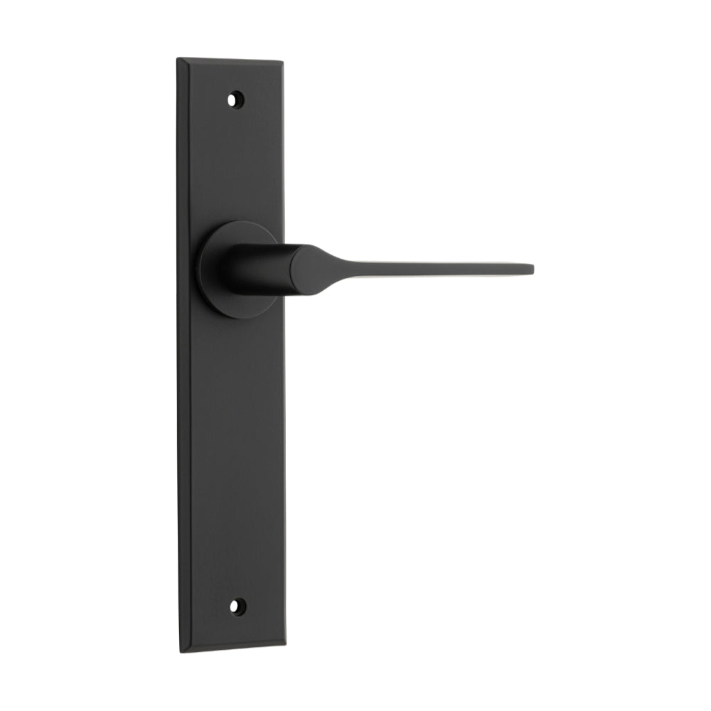 Door Lever Como Chamfered Latch Matt Black H240xW50xP61mm in Matt Black