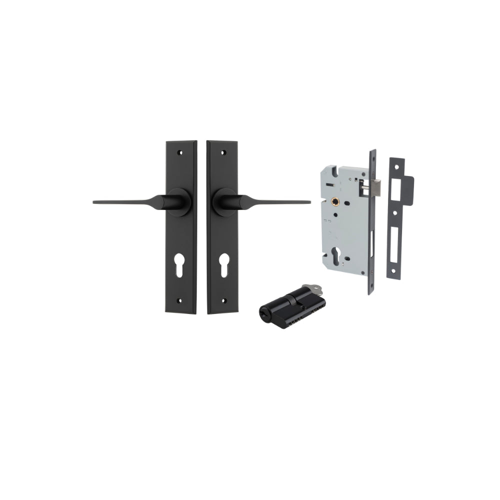 Door Lever Como Chamfered Euro Pair Matt Black CTC85mm L119xP61mm BPH240xW50mm Mortice Lock Euro Matt Black CTC85mm Backset 60mm, Euro Cylinder Dual Function 5 Pin Matt Black 65mm KA4 in Matt Black