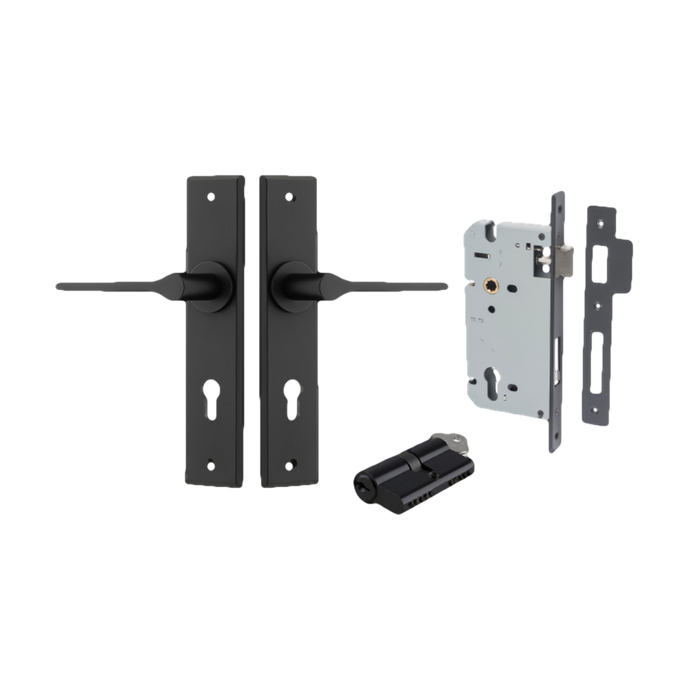Door Lever Como Chamfered Euro Pair Matt Black CTC85mm L119xP61mm BPH240xW50mm Mortice Lock Euro Matt Black CTC85mm Backset 60mm, Euro Cylinder Dual Function 5 Pin Matt Black 65mm KA4 in Matt Black