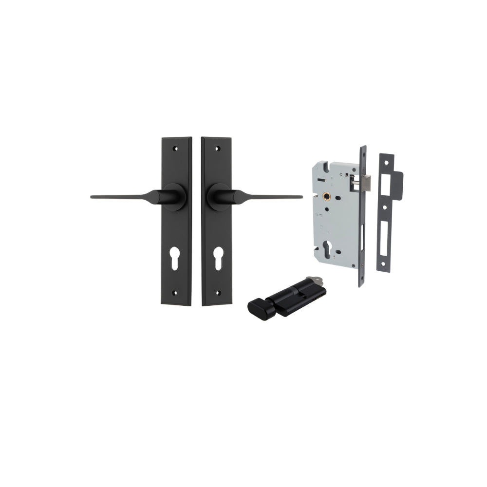 Door Lever Como Chamfered Euro Pair Matt Black CTC85mm L119xP61mm BPH240xW50mm Mortice Lock Euro Matt Black CTC85mm Backset 60mm, Euro Cylinder Key Thumb 5 Pin Matt Black 65mm KA4 in Matt Black