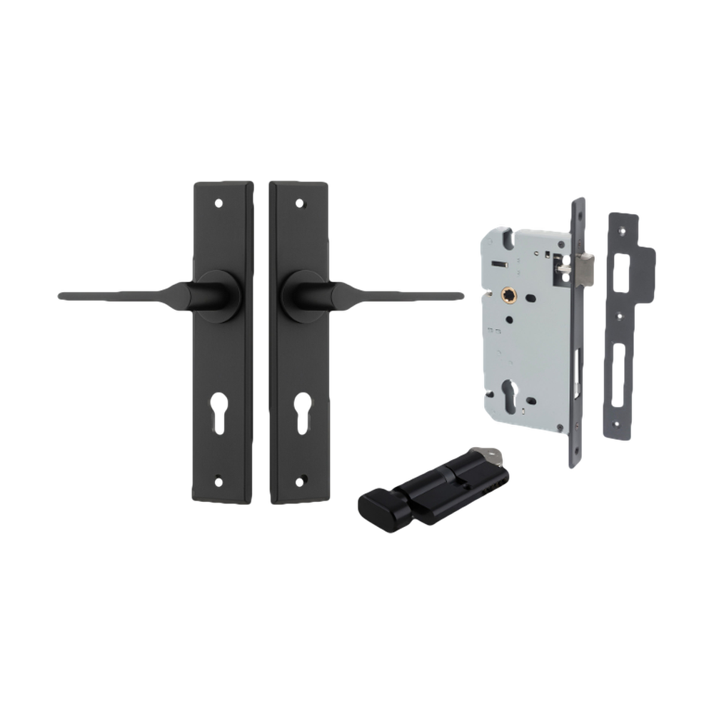 Door Lever Como Chamfered Euro Pair Matt Black CTC85mm L119xP61mm BPH240xW50mm Mortice Lock Euro Matt Black CTC85mm Backset 60mm, Euro Cylinder Key Thumb 5 Pin Matt Black 65mm KA4 in Matt Black