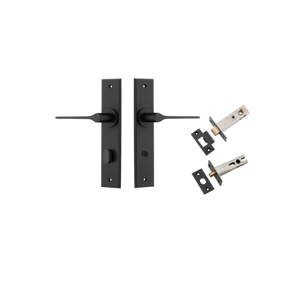 Door Lever Como Chamfered Privacy Matt Black CTC85mm L119xP61mm BPH240xW50mm Privacy Kit Tube Latch Split Cam 'T' Striker Matt Black Backset 60mm, Privacy Bolt Round Bolt Matt Black Backset 60mm in Matt Black