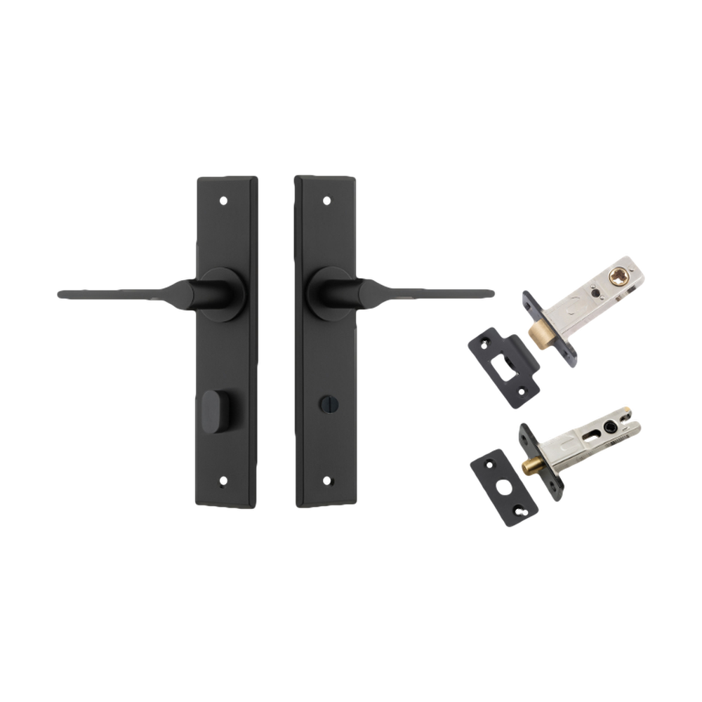 Door Lever Como Chamfered Privacy Matt Black CTC85mm L119xP61mm BPH240xW50mm Privacy Kit Tube Latch Split Cam 'T' Striker Matt Black Backset 60mm, Privacy Bolt Round Bolt Matt Black Backset 60mm in Matt Black