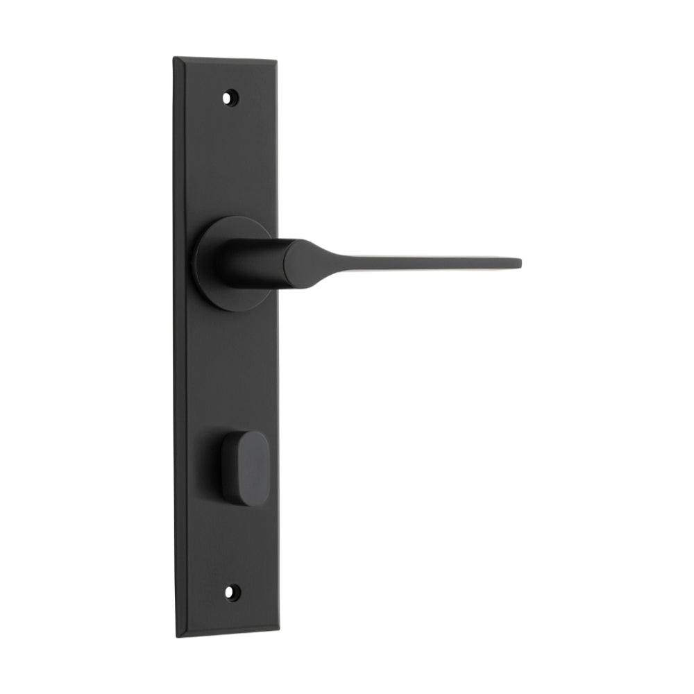 Door Lever Como Chamfered Privacy Matt Black H240xW50xP61mm in Matt Black