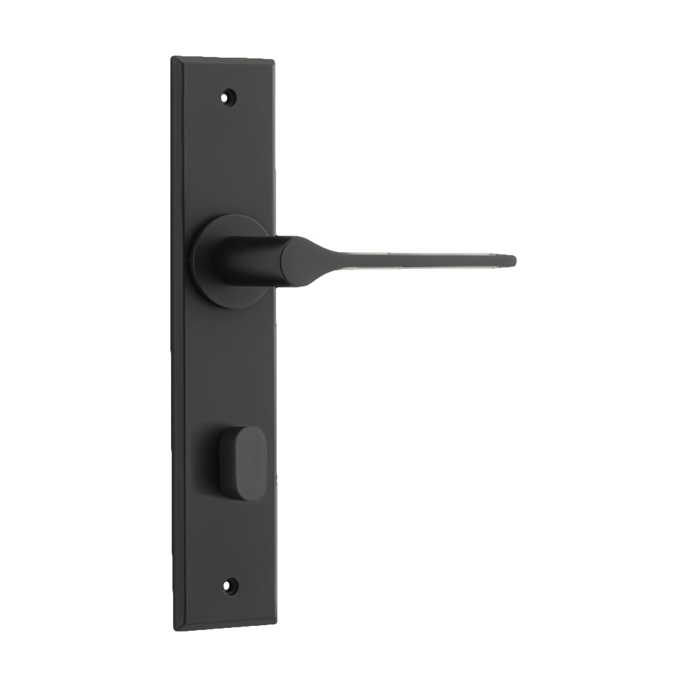 Door Lever Como Chamfered Privacy Matt Black H240xW50xP61mm in Matt Black