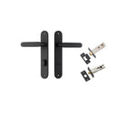 Pair of Iver Bronte lever door handles on oval backplate, featuring a sleek, modern design in a polished finish.