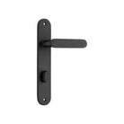 Pair of Iver Bronte lever door handles with oval backplates, featuring a sleek, modern design in a polished finish.