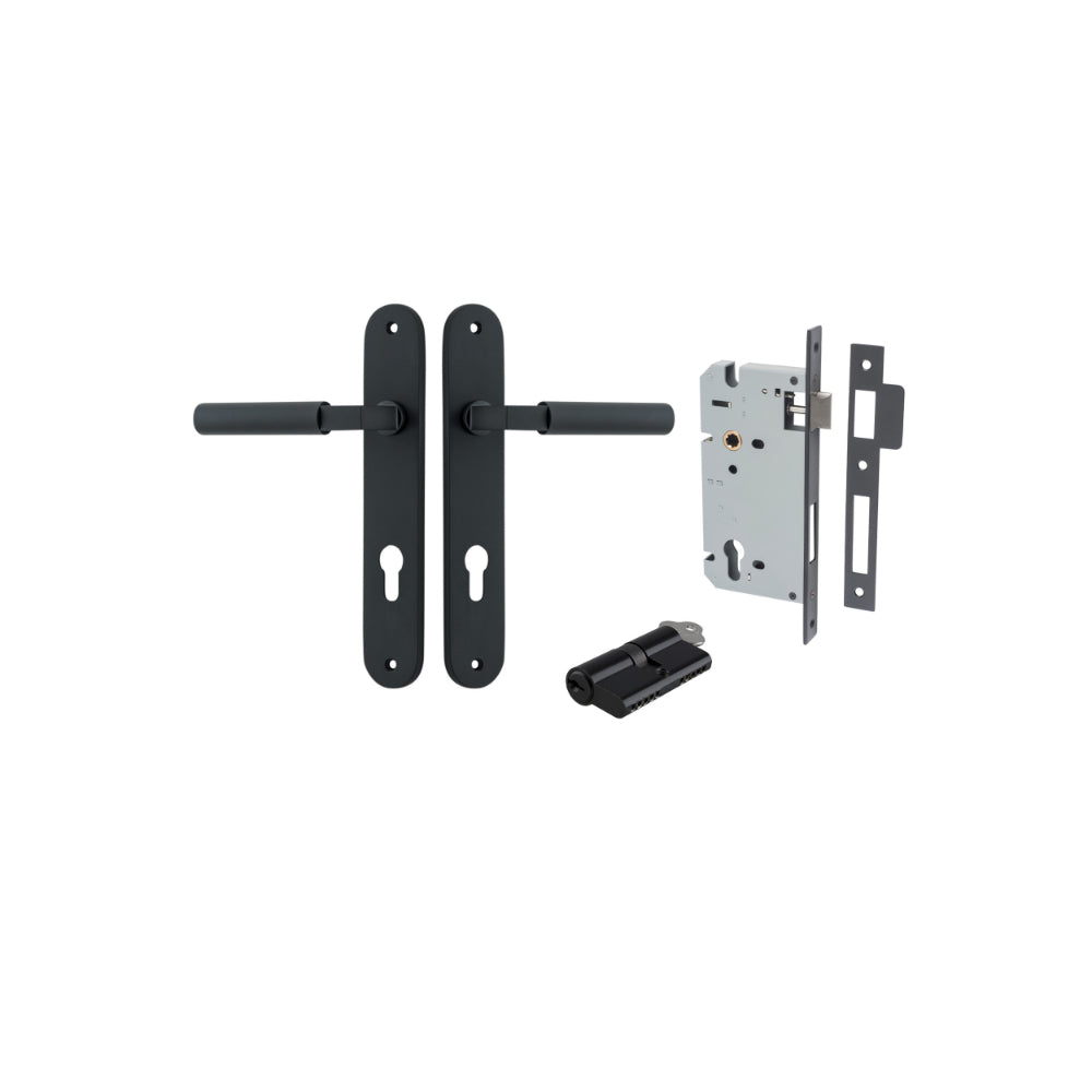 Pair of Iver Berlin lever door handles on oval backplates, featuring a sleek, modern design in a polished finish.