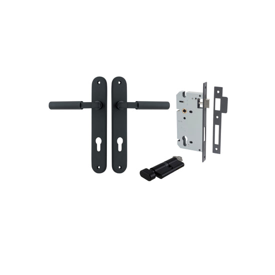 Door Lever Berlin Oval Euro Pair Matt Black CTC85mm L120xP57mm BPH240xW40mm Mortice Lock Euro Matt Black CTC85mm Backset 60mm, Euro Cylinder Key Thumb 5 Pin Matt Black 65mm KA4 in Matt Black