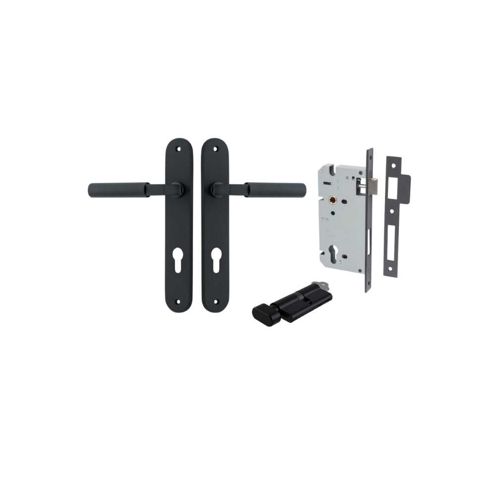 Pair of Iver Berlin lever door handles with oval backplates, featuring a modern chrome finish and sleek design.