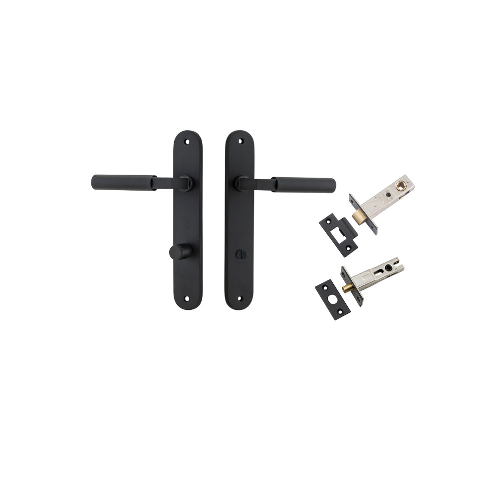 Door Lever Berlin Oval Privacy Matt Black CTC85mm L120xP57mm BPH240xW40mm Privacy Kit Tube Latch Split Cam 'T' Striker Matt Black Backset 60mm, Privacy Bolt Round Bolt Matt Black Backset 60mm in Matt Black