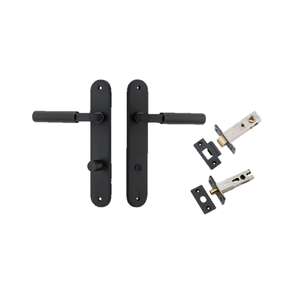 Door Lever Berlin Oval Privacy Matt Black CTC85mm L120xP57mm BPH240xW40mm Privacy Kit Tube Latch Split Cam 'T' Striker Matt Black Backset 60mm, Privacy Bolt Round Bolt Matt Black Backset 60mm in Matt Black