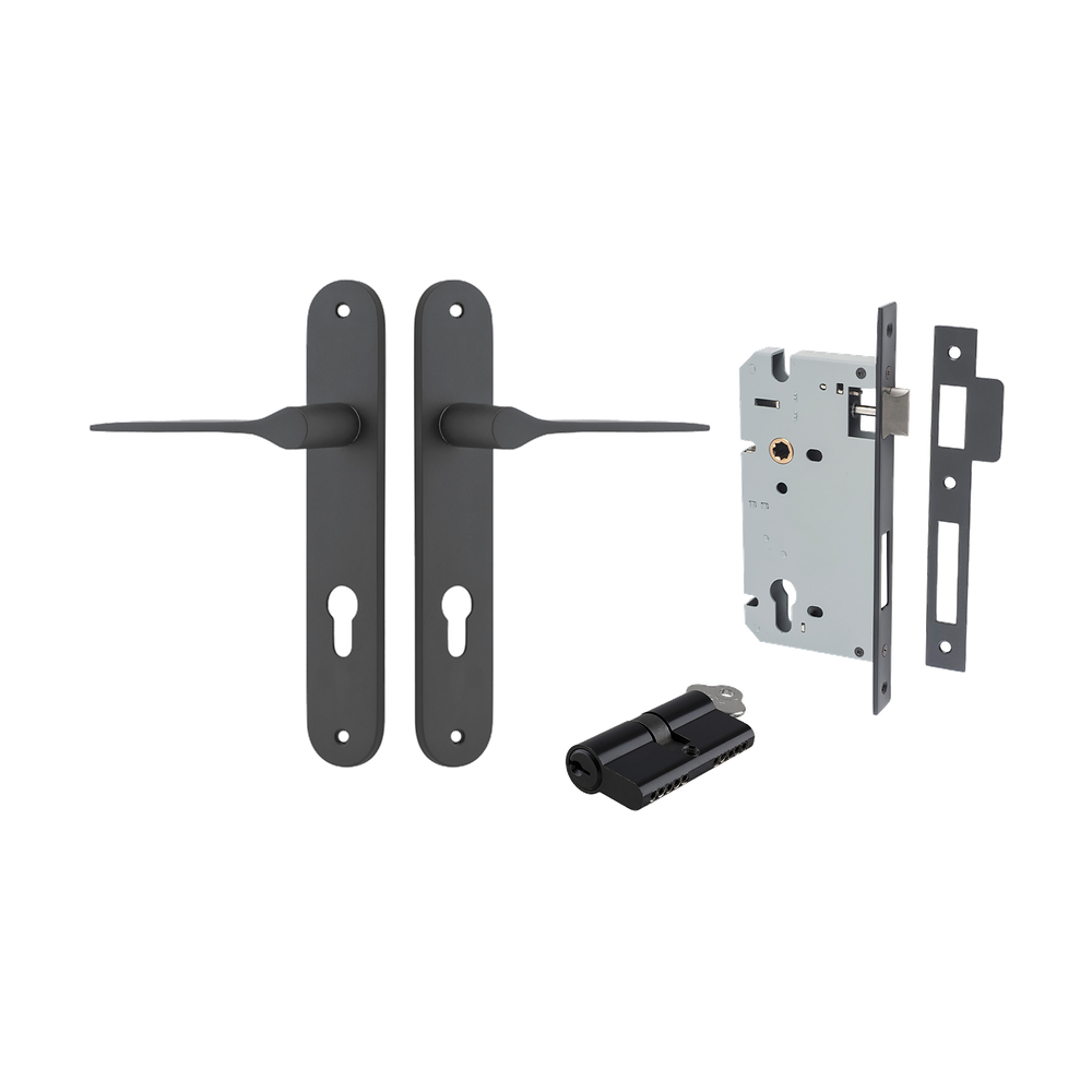 Door Lever Como Oval Euro Pair Matt Black CTC85mm L119xP59mm BPH240xW40mm Mortice Lock Euro Matt Black CTC85mm Backset 60mm, Euro Cylinder Dual Function 5 Pin Matt Black 65mm KA4 in Matt Black