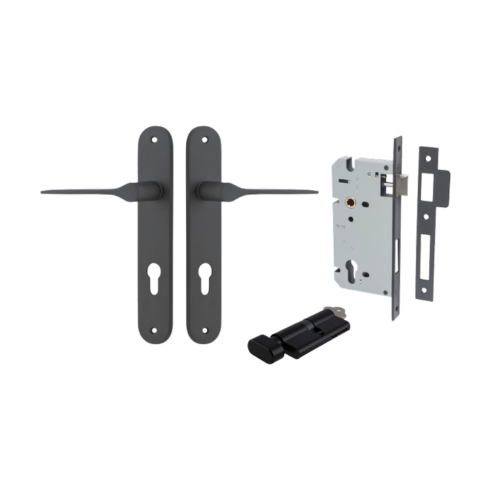 Door Lever Como Oval Euro Pair Matt Black CTC85mm L119xP59mm BPH240xW40mm Mortice Lock Euro Matt Black CTC85mm Backset 60mm, Euro Cylinder Key Thumb 5 Pin Matt Black 65mm KA4 in Matt Black