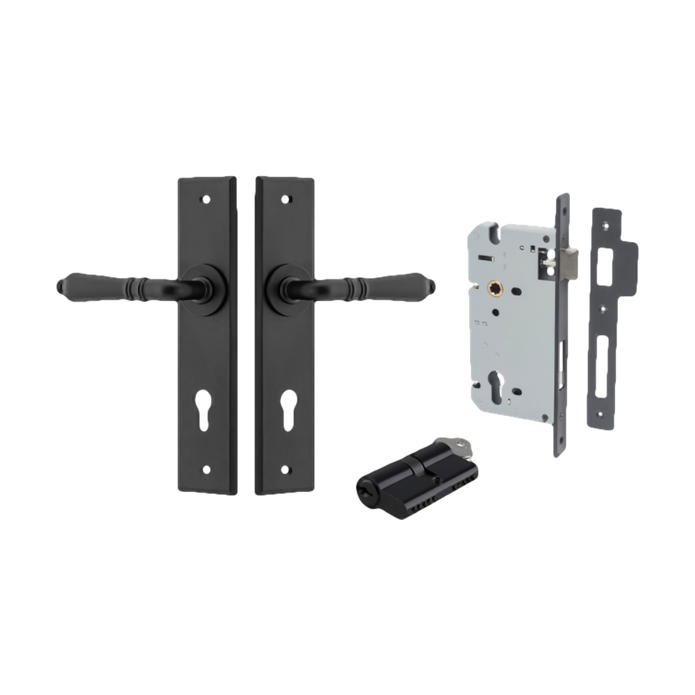 Door Lever Sarlat Chamfered Euro Pair Matt Black CTC85mm L111xP55mm BPH240xW50mm Mortice Lock Euro Matt Black CTC85mm Backset 60mm, Euro Cylinder Dual Function 5 Pin Matt Black 65mm KA4 in Matt Black