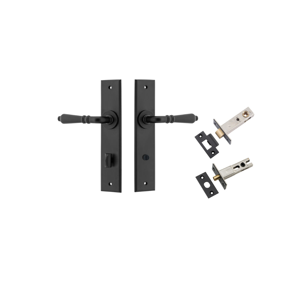 Door Lever Sarlat Chamfered Privacy Matt Black CTC85mm L111xP55mm BPH240xW50mm Privacy Kit Tube Latch Split Cam 'T' Striker Matt Black Backset 60mm, Privacy Bolt Round Bolt Matt Black Backset 60mm in Matt Black
