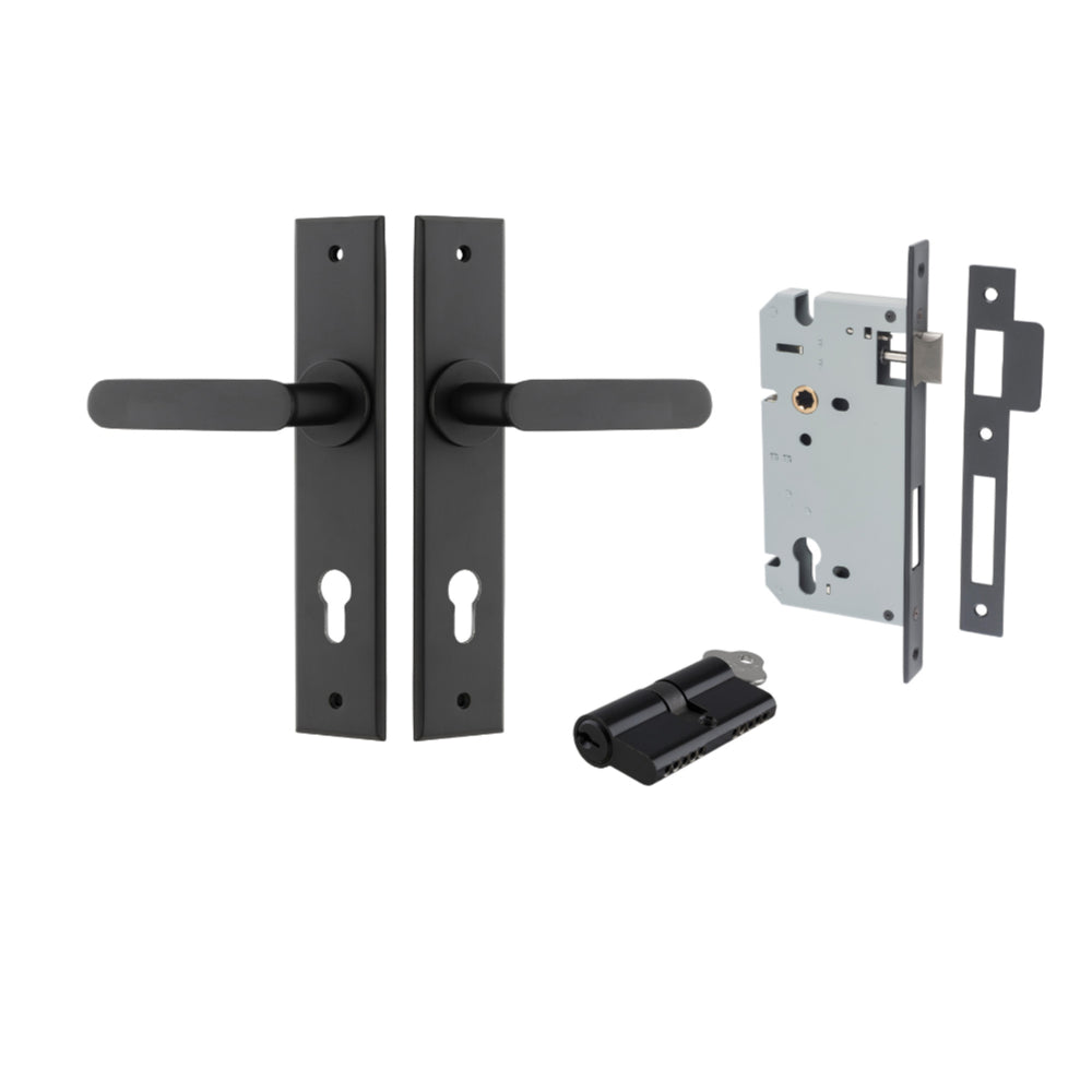 Door Lever Bronte Chamfered Euro Pair Matt Black CTC85mm L117xP55mm BPH240xW50mm, Mortice Lock Euro Matt Black CTC85mm Backset 60mm, Euro Cylinder Dual Function 5 Pin Matt Black 65mm KA4 in Matt Black