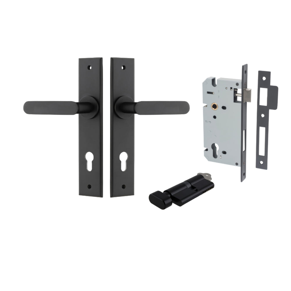 Door Lever Bronte Chamfered Euro Pair Matt Black CTC85mm L117xP55mm BPH240xW50mm, Mortice Lock Euro Matt Black CTC85mm Backset 60mm, Euro Cylinder Key Thumb 5 Pin Matt Black 65mm KA4 in Matt Black