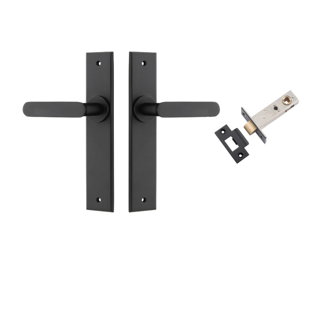 Door Lever Bronte Chamfered Matt Black L117xP55mm BPH240xW50mm Passage Kit Tube Latch Split Cam 'T' Striker Matt Black Backset 60mm in Matt Black