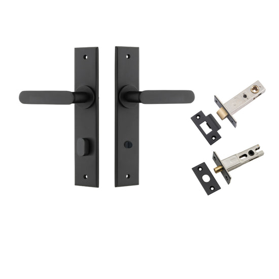 Door Lever Bronte  Chamfered Privacy Matt Black CTC85mm L117xP55mm BPH240xW50mm Privacy Kit, Tube Latch Split Cam 'T' Striker Matt Black Backset 60mm, Privacy Bolt Round Bolt Matt Black Backset 60mm in Matt Black