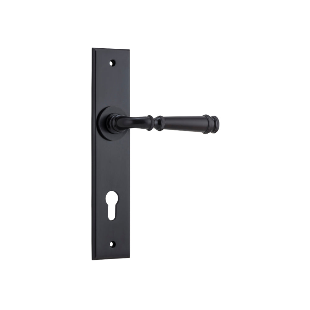 Door Lever Verona Chamfered Euro Matt Black CTC85mm H240xW50xP59mm in Matt Black