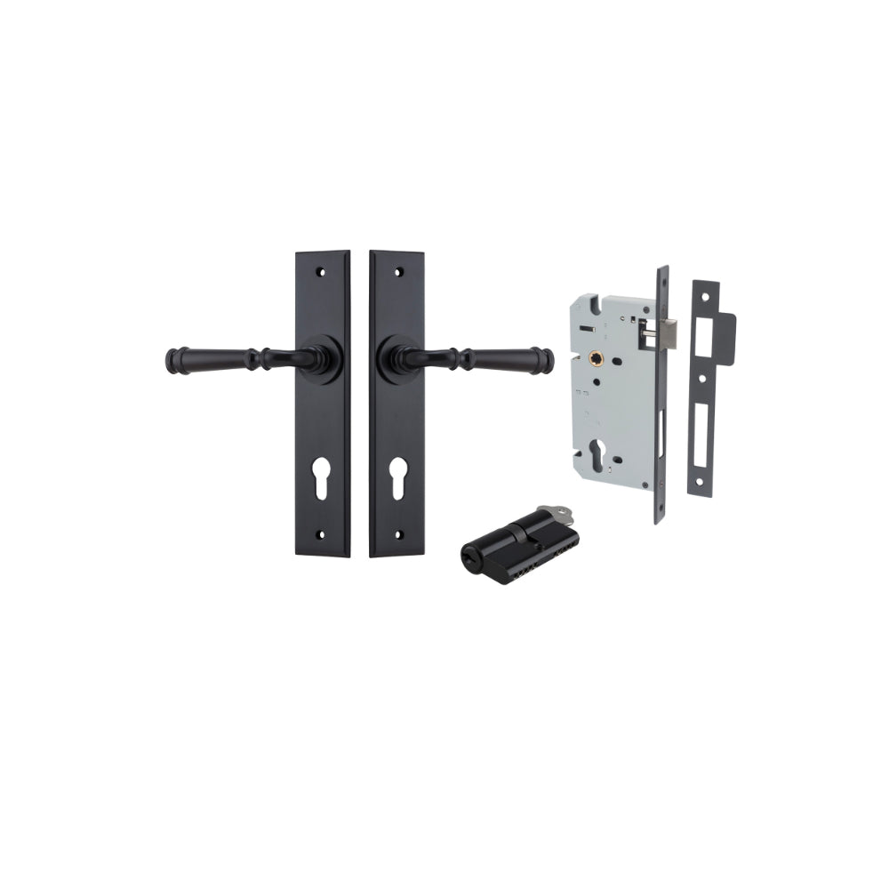 Door Lever Verona Chamfered Euro Pair Matt Black CTC85mm L122xP58mm BPH240xW50mm Mortice Lock Euro Matt Black CTC85mm Backset 60mm, Euro Cylinder Dual Function 5 Pin Matt Black 65mm KA4 in Matt Black