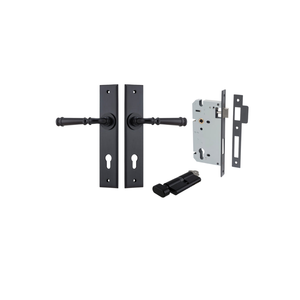 Door Lever Verona Chamfered Euro Pair Matt Black CTC85mm L122xP58mm BPH240xW50mm Mortice Lock Euro Matt Black CTC85mm Backset 60mm, Euro Cylinder Key Thumb 5 Pin Matt Black 65mm KA4 in Matt Black