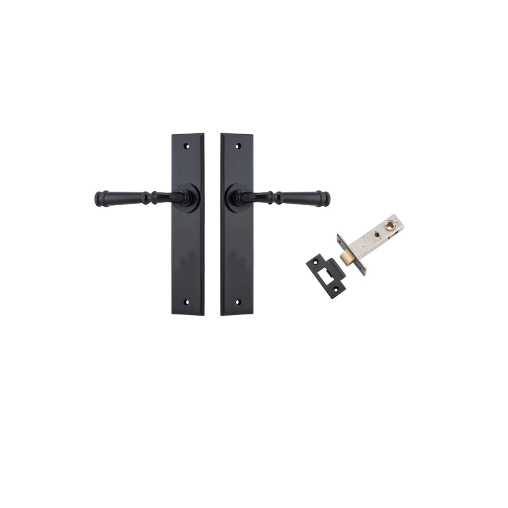 Door Lever Verona Chamfered Matt Black L122xP58mm BPH240xW50mm Passage Kit Tube Latch Split Cam 'T' Striker Matt Black Backset 60mm in Matt Black